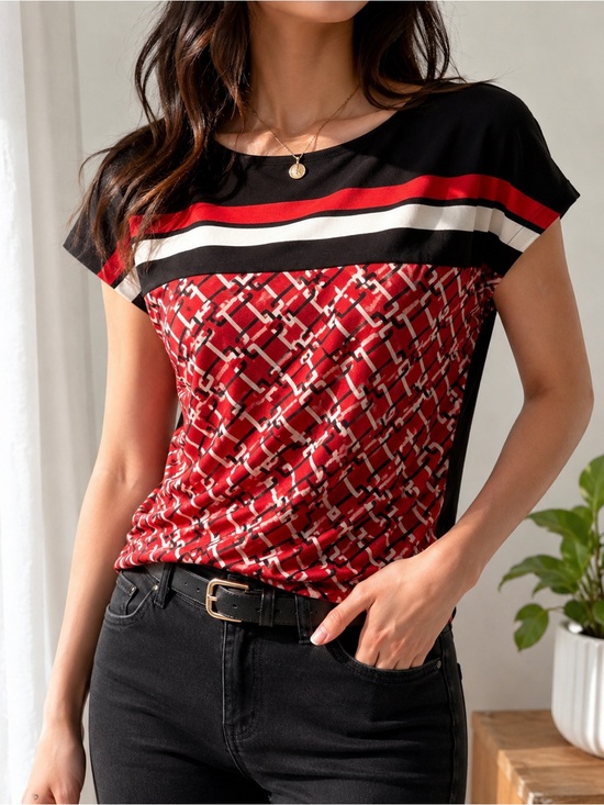 New York & Company Tops - New York & Company Y2K Red Black Chain Print Stretch Blouse Top Women’s Large
